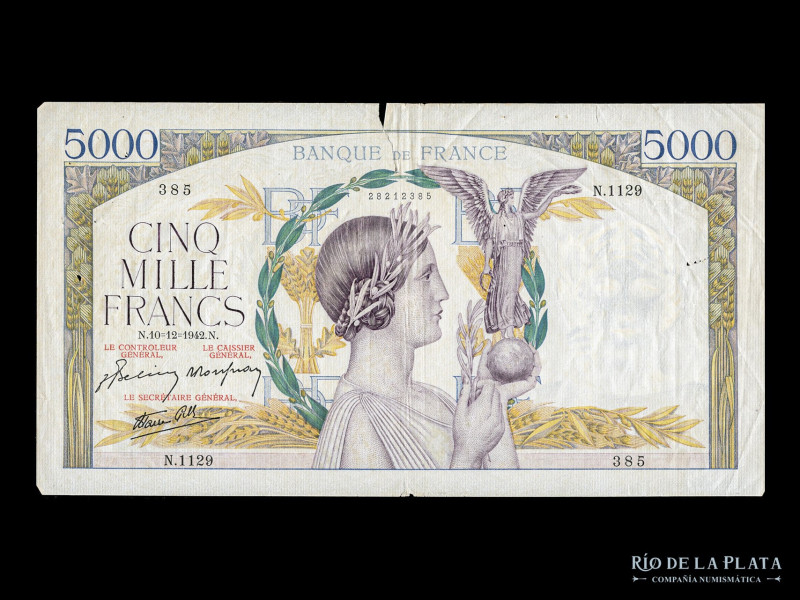 Francia. Banque de France. 5000 Francs 1942 (10/12/1942N). Pick 97c (F) Rotura s...