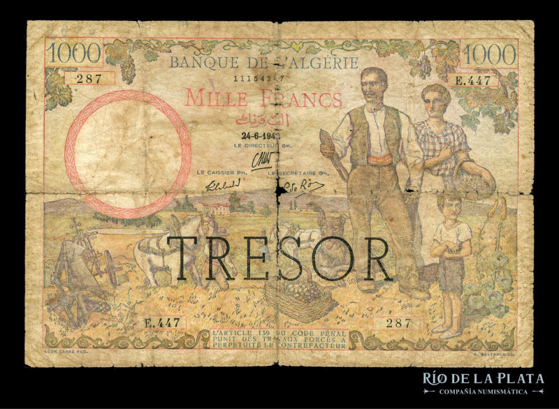 Francia (Corcega) 1000 Francs 24-6-1943. Resello TRESOR sobre 1000 Francs de Arg...