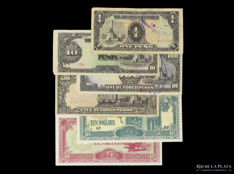 Filipinas. Lote x 6 Ocupación Japonesa 1942-1945. Incluye 1 Peso, 10 Pesos, 100 ...