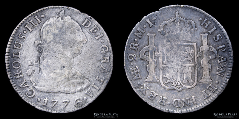 Lima. Carlos III (1759-1788) 2 Reales 1776 MJ. Lima Mint. Fecha escasa. Plata 90...