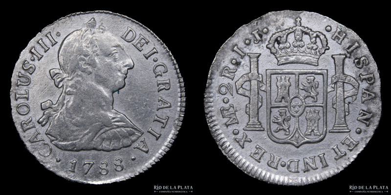 Lima. Carlos III (1759-1788) 2 Reales 1788 IJ. Lima Mint. Plata 903; 28.0mm; 6.6...