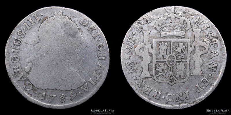 Lima. Carlos III (1759-1788) 2 Reales 1789 IJ. Lima Mint. Plata 903; 28.0mm; 6.2...