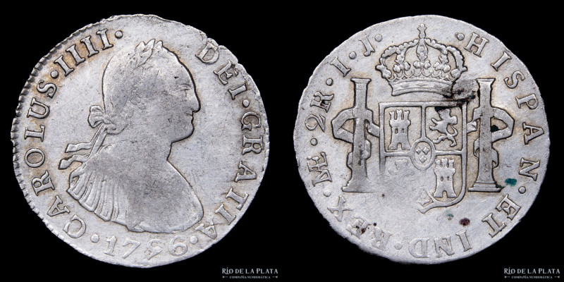 Lima. Carlos IV (1788-1808) 2 Reales 1796 IJ. Lima Mint. Plata 896; 28mm; 6.6g. ...