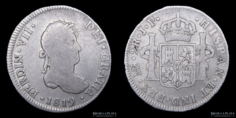 Lima. Fernando VII (1808-1833) 2 Reales 1812 JP. Plata 896; 27.0mm; 6.7g. KM115....