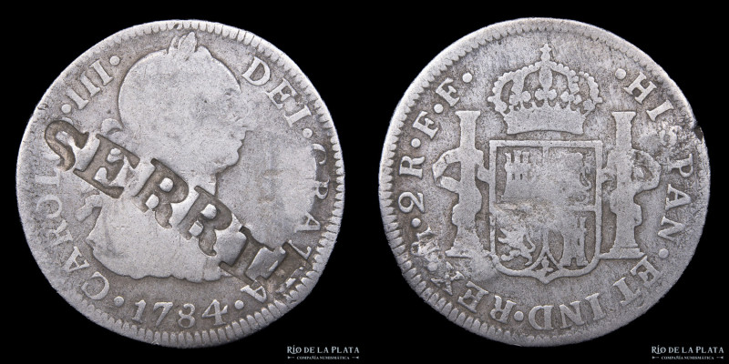 México. Carlos III (1759-1788) 2 Reales 1784 FF. Contramarca "SERRIL" Plata; 28m...