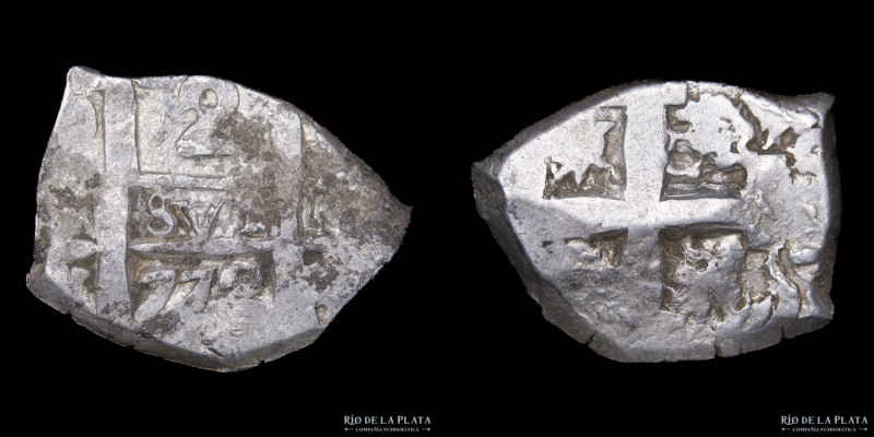 Potosí. Carlos III (1759-1789) 2 Reales 1772 VY Macuquina. Plata 930; 26x18mm; 6...