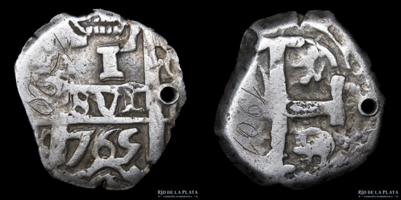 Potosí. Carlos III (1759-1789) 1 Real 1765 VY. Macuquina. Plata 917; 17mm; 3.16g...