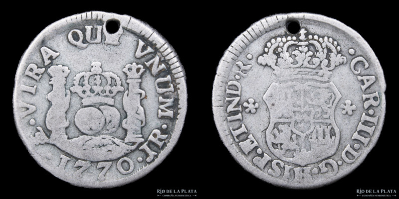 Potosí. Carlos III (1759-1788) 1/2 Real 1770 JR Columnaria (José de Vargas y Flo...