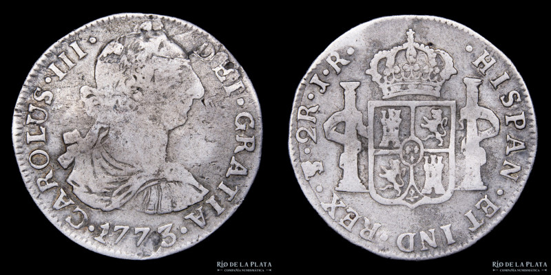 Potosí. Carlos III (1759-1788) 2 Reales 1773 JR. Plata 903; 27mm; 6.33g. CJ 65.1...