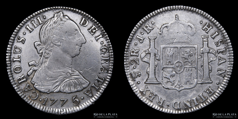 Potosí. Carlos III (1759-1788) 2 Reales 1775 JR. Plata 903; 27mm; 6.00g. CJ 65.3...