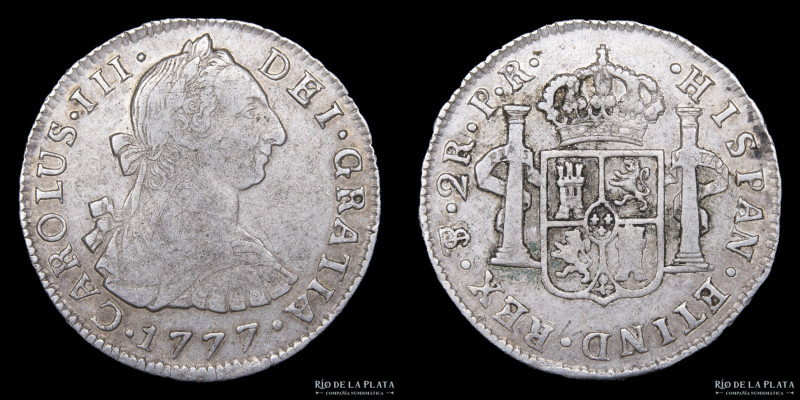 Potosí. Carlos III (1759-1788) 2 Reales 1777 PR (Pedro Mazondo, Raymundo de Ytur...
