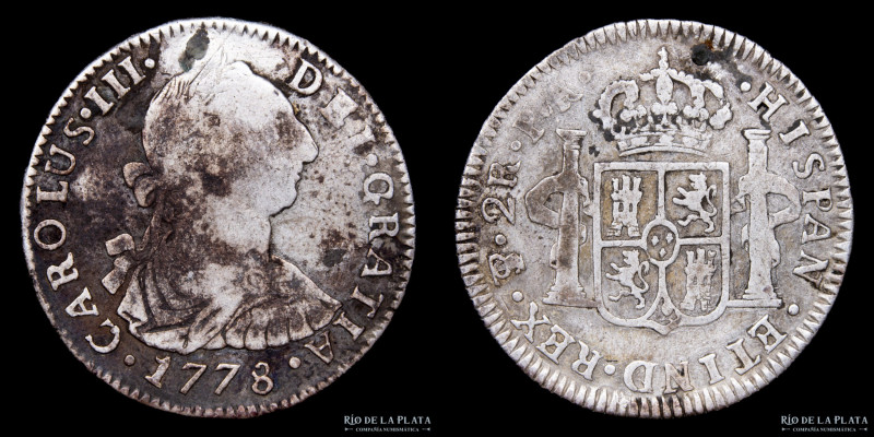 Potosí. Carlos III (1759-1788) 2 Reales 1778 PR (Pedro Mazondo, Raymundo de Ytur...