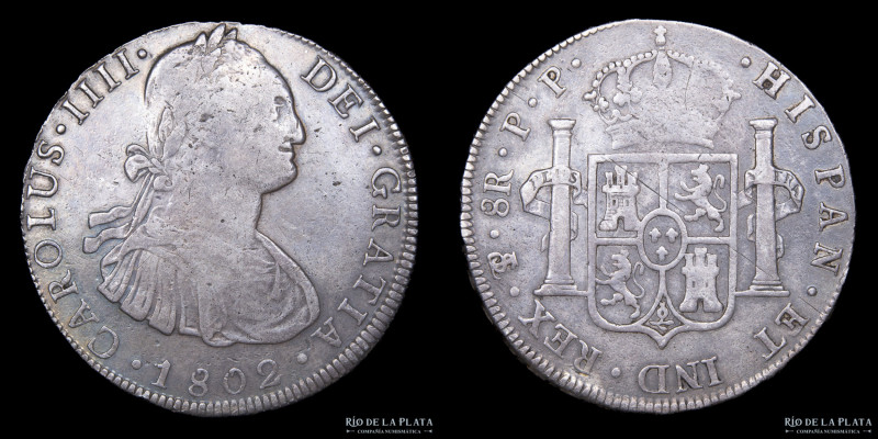 Potosí. Carlos IV (1788-1808) 8 Reales 1802 PP. Plata 896; 40mm; 26.79g. CJ 76.1...