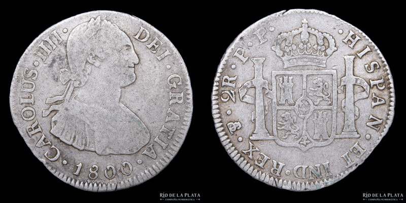 Potosí. Carlos IV (1788-1808) 2 Reales 1800 PP. (Pedro Mazondo, Pedro Martin Alb...