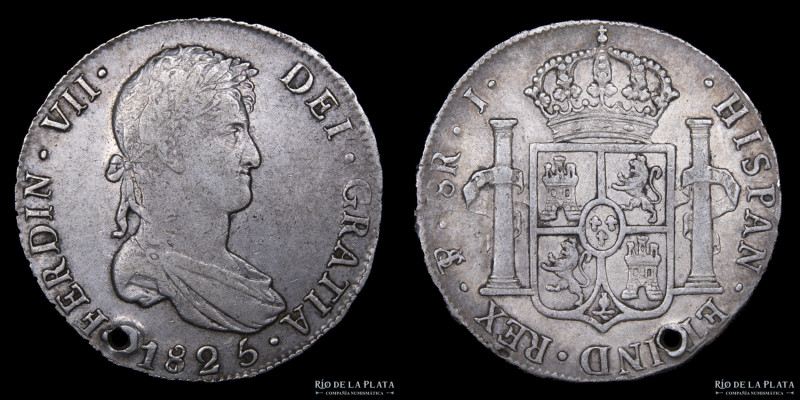 Potosí. Fernando VII (1808-1833) 8 Reales 1825 J. Muy escasa. Plata 896; 38.0mm;...