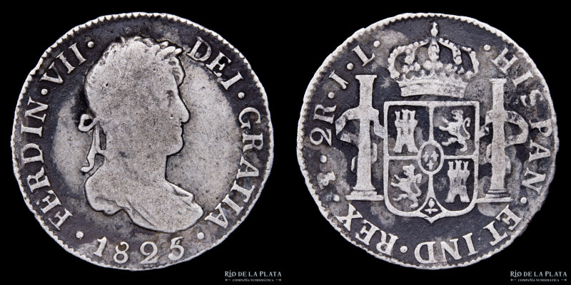 Potosí. Fernando VII (1808-1833) 2 Reales 1825 JL (Juan Palomo y Sierra), Plata ...