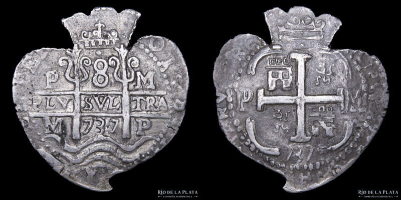 Potosi. Felipe V. 8 Reales 1737 M. Corazón. Réplica ornamental. Plata; 38mm; 24....