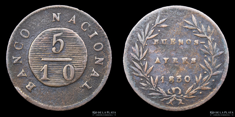 Argentina. Buenos Aires. 5/10 Décimos 1830. Cobre; 23.5mm; 4.94g. CJ 11.7.1 (A2-...