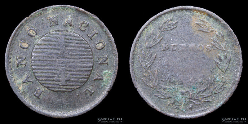 Argentina. Buenos Aires. 1/4 de Real 1827 Banco Nacional. Buenos Aires mint. Cob...