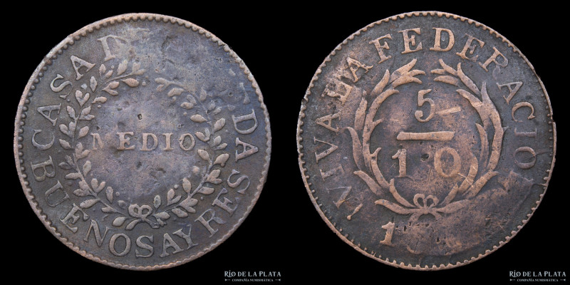 Argentina. Buenos Aires. 1/2 Real 1840. Buenos Aires mint. Cobre; 21.5mm; 2.80g....