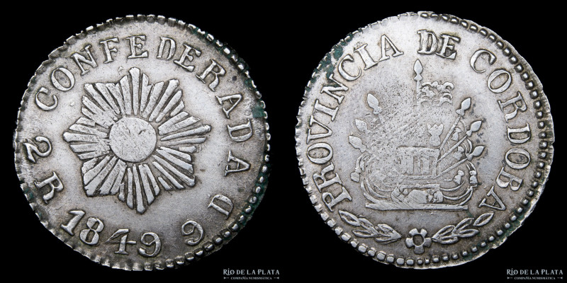 Argentina. Córdoba. 2 Reales 1849. Plata 750; 24mm; 6.60g. Sol de 8 puntas. CJ 5...