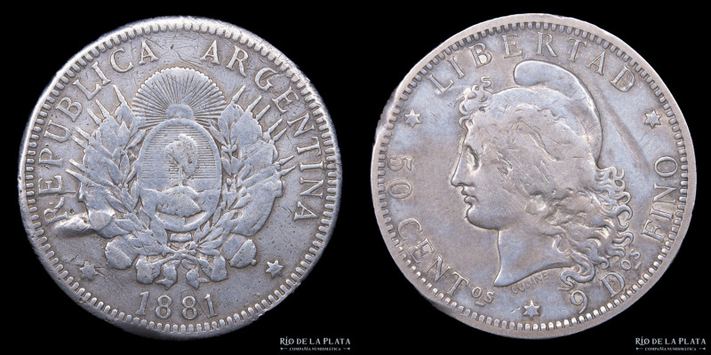 Argentina. 50 Centavos 1881. Plata 900; 30.1mm; 12.29g. Solo 1.020 acuñadas dura...
