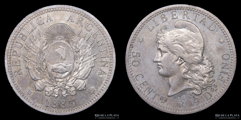 Argentina. 50 Centavos 1883. Plata 900; 30.1mm; 12.47g. Buenos Aires mint. CJ 17...