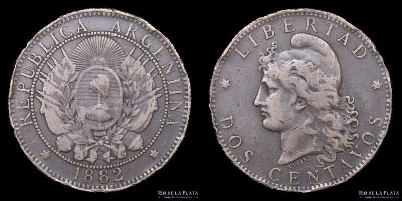 Argentina. 2 Centavos 1882. Buenos Aires mint. Cobre; 30.0mm; 9.92g. Fecha Escas...