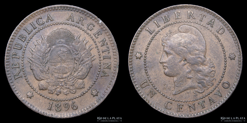 Argentina. 1 Centavo 1896. Buenos Aires mint. Cobre; 25.0mm; 5.00g. CJ 51 KM32 (...