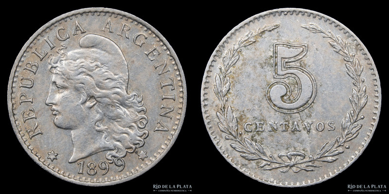 Argentina. 5 Centavos 1899. Cuproníquel; 17mm; 2.0g. CJ 133.1; KM34 Raspones (VF...