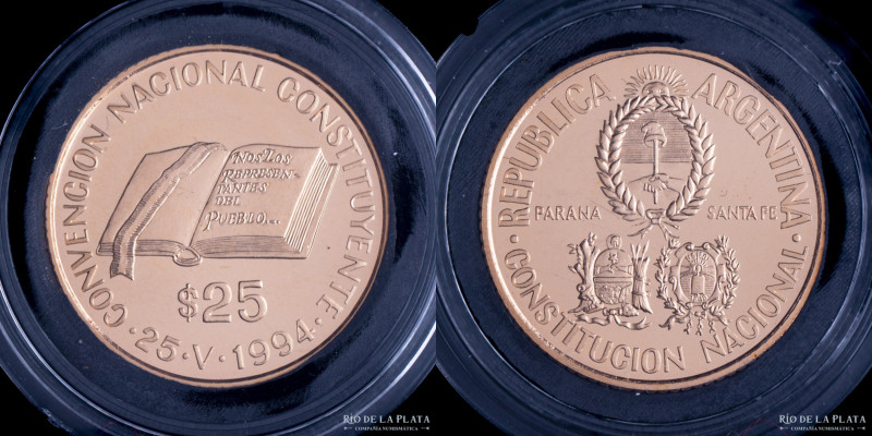 Argentina. 25 Pesos 1994. Convención Nacional Constituyente. Oro 900; 19mm; 4.03...