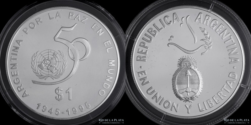 Argentina. 1 Peso 1995. 50º Aniversario de la ONU. Plata 900; 37.0mm; 25.00g. KM...