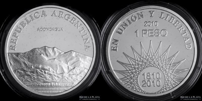 Argentina. 1 Peso 2010. Bicentenario. Aconcagua. Plata 900; 37mm; 25g.(Proof) CJ...