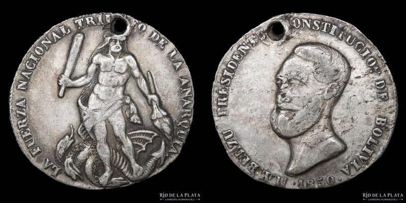 Bolivia. 1850. 4 Soles. Belzú Presidente Constitucional. Plata; 33mm; 13.33g. A:...
