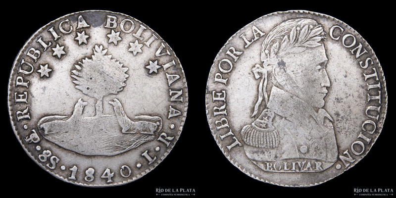 Bolivia. 8 Soles 1840 LR. Simón Bolivar. Plata 903; 37.0mm; 26.86g. KM97 (VF)
...