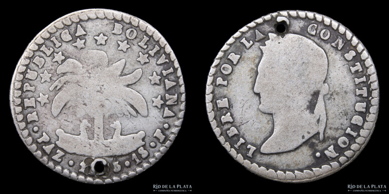 Bolivia. 1 Sol 1855 F PAZ. La Paz mint. Muy escasa. Plata 667; 20mm; 3.07g. KM12...