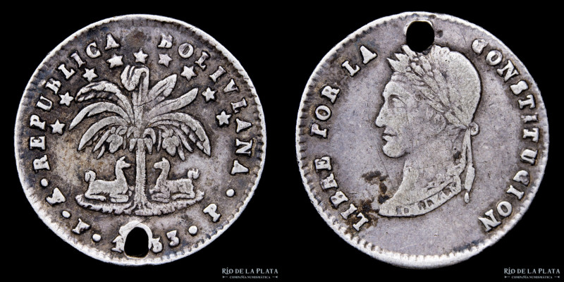 Bolivia. 1 Sol 1853 P. Error: BOLIVLANA. Plata 667; 20mm; 3.20g. KM119 (VF) Perf...