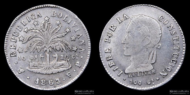 Bolivia. 2 Soles 1863/2/1 FP. Doble sobrefecha. Plata 903; 24.0mm; 4.99g. KM135....