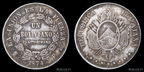 Bolivia. 1 Boliviano 1874. FE. KM160.1