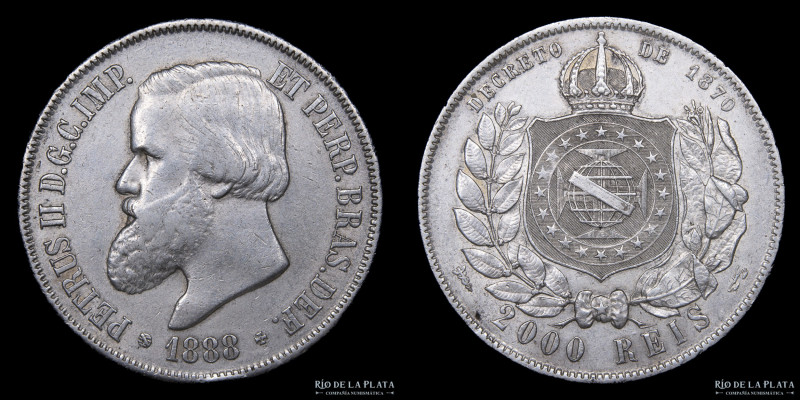 Brasil. Pedro II (1831-1889) 2000 Reis 1888. Plata 917; 37mm; 25.51g. KM485 (VF)...