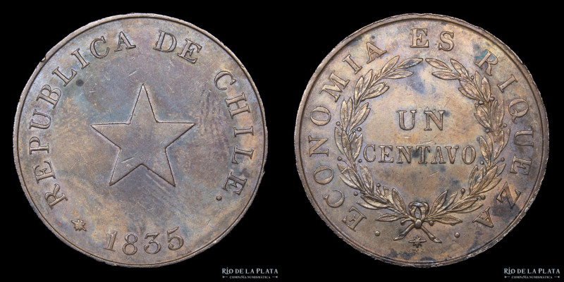 Chile. 1 Centavo 1835. Cobre; 30.0mm; 17.72g. KM115 (AU)

USD 50 - 80

Nota:...
