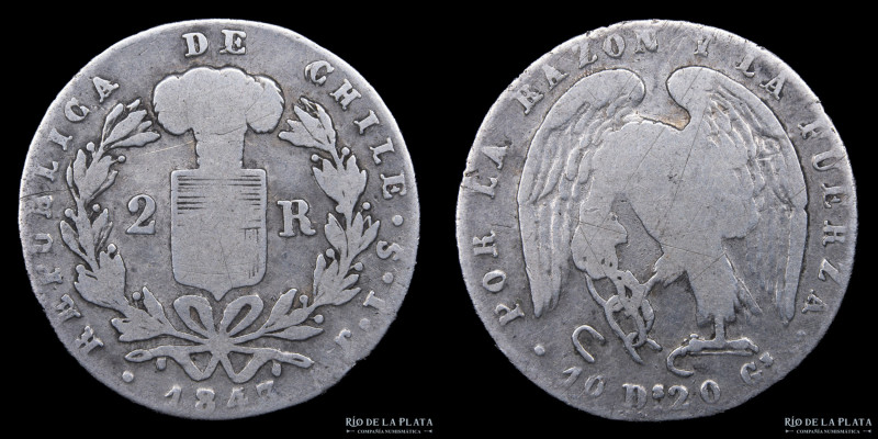 Chile. 2 Reales 1843 IJ. Plata 902; 23.5mm; 5.68g. KM100.1 Perforada (VG)

USD...