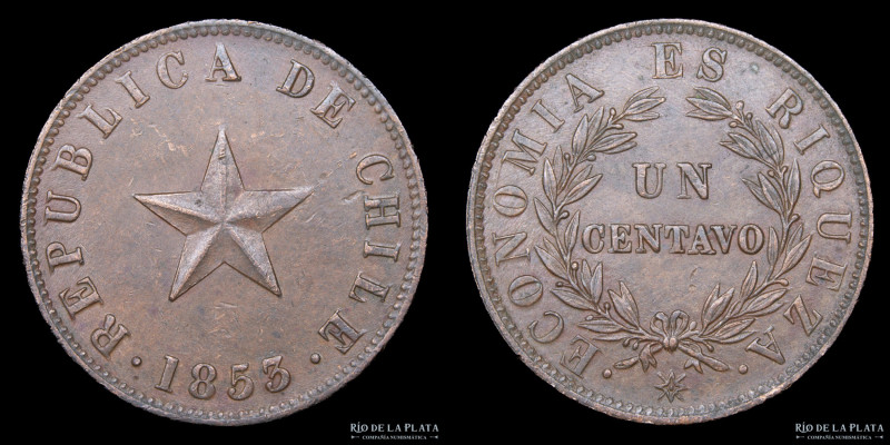 Chile. 1 Centavo 1853. Cobre; 28.0mm; 10.41g. KM127 (XF+)

USD 20 - 30

Nota...