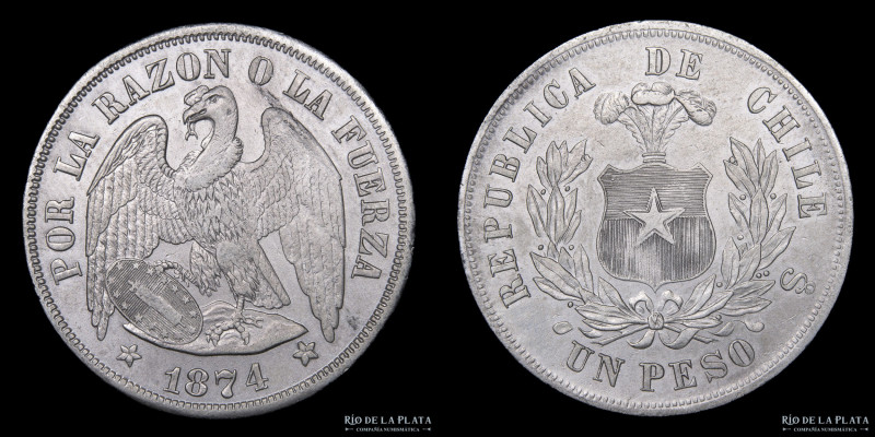 Chile. 1 Peso 1874 So. Santiago mint. Plata 900; 37.0mm; 24.87g. Cóndor. KM142.1...