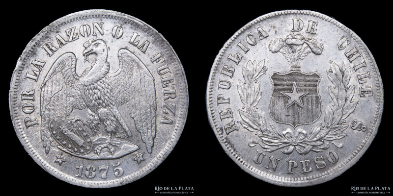 Chile. 1 Peso 1875 So. Santiago mint. Plata 900; 37.0mm; 24.52g. Cóndor. KM142.1...