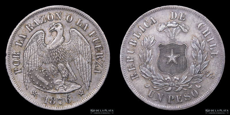 Chile. 1 Peso 1876 So. Santiago mint. Plata 900; 37.0mm; 24.87g. Cóndor. KM142.1...