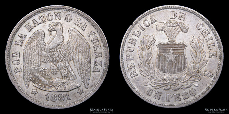 Chile. 1 Peso 1881 So. Santiago mint. Plata 900; 37.0mm; 24.75g. Cóndor. KM142.1...