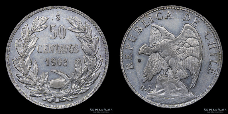 Chile. 50 Centavos 1903. Plata 700; 27.5mm; 10g. KM160 (UNC)

USD 20 - 30

N...