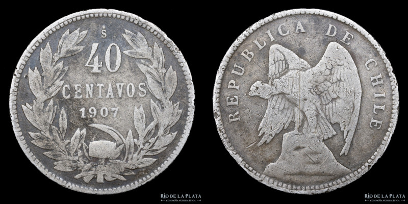 Chile. 40 Centavos 1907. Año muy escaso. Solo 56.000 acuñadas. Plata 400; 25.0mm...