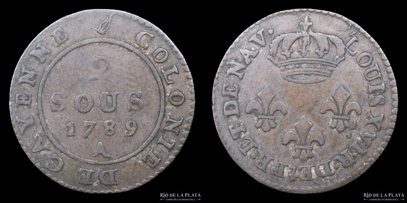 Guyana Francesa (Colonia Cayenne) 2 Sous 1789 A. Vellón bajo; 22.0mm; 2.21g. KM1...